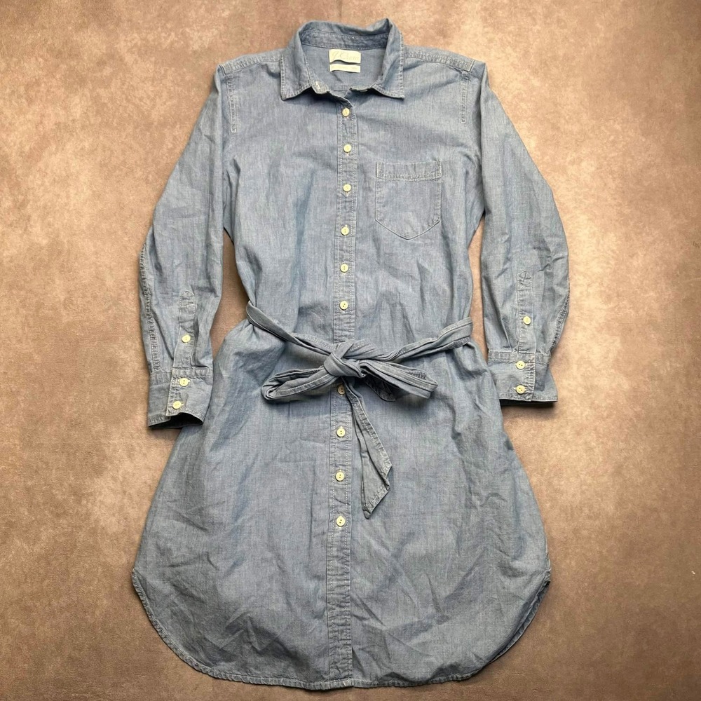 J.Crew Re-Imagined Blue Chambray Button Down Shirt Dress Belted Petite Size 8 P